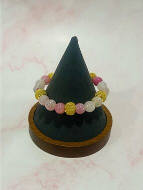 Pink Dragon Agate and Gold Beaded Stretch Bracelet